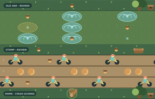 Acorn Dash’s woodland park with bicycle paths, sprinklers, and a squirrel at home.
